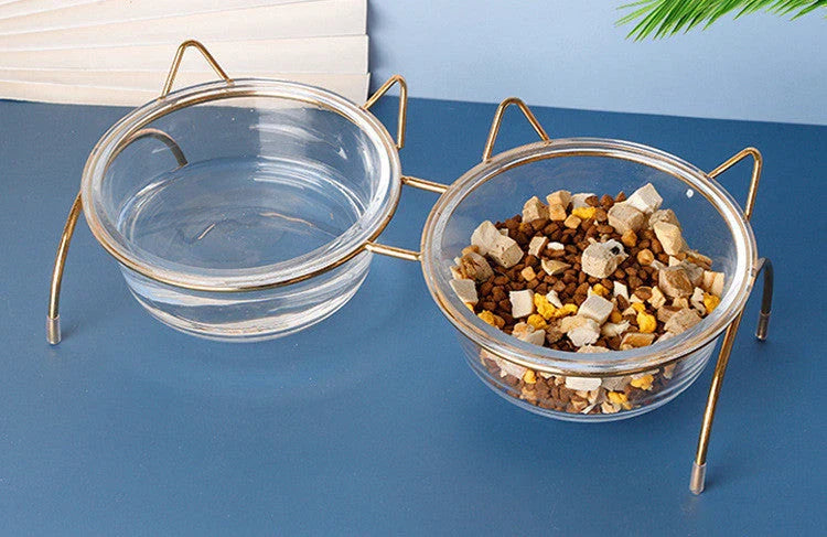 Elegant glass cat bowl with raised metal stand for pets, featuring a shimmering glass bowl and sturdy metal frame to support your cat's hydration and posture.