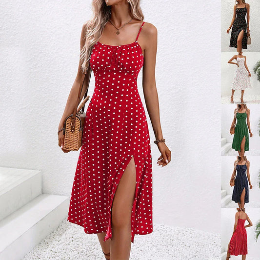 Stylish polka dot suspender dress with adjustable straps, side slit, and available in multiple vibrant colors