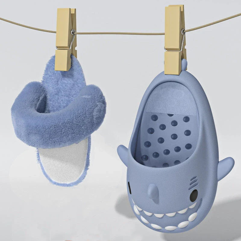 Cozy and stylish shark-themed house slippers with a plush, fuzzy upper and a durable, non-slip sole