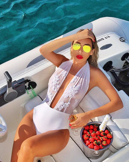 Embroidered halter sexy lingerie Siamese bikini in black, white, and wine red