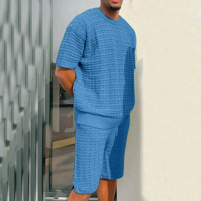 Men's summer outfit featuring a comfortable, breathable shirt and casual shorts set in a variety of color options