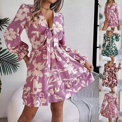 Floral printed V-neck long sleeve chiffon dress with ruffles and bowknot