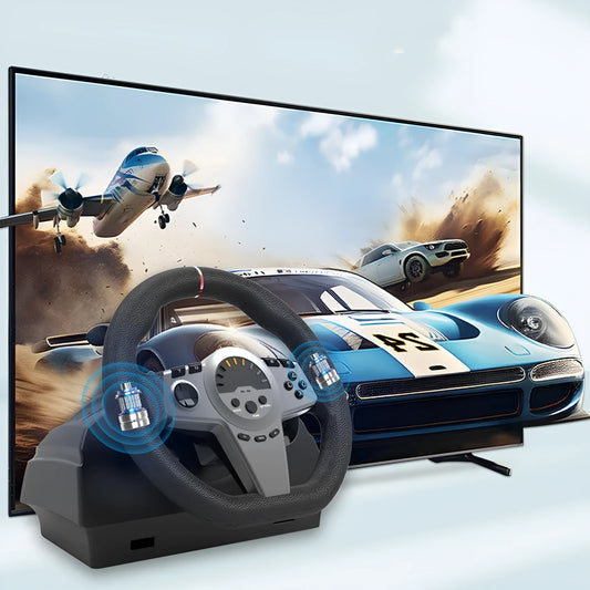 Black multi-platform steering wheel with two pedals, paddle shifters, LED display, and desk mounting bracket.