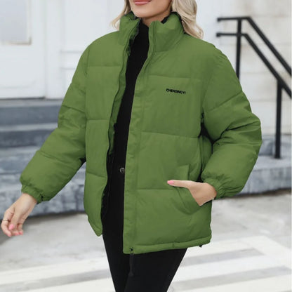 Women's windproof winter coat in white, black, grey, and green