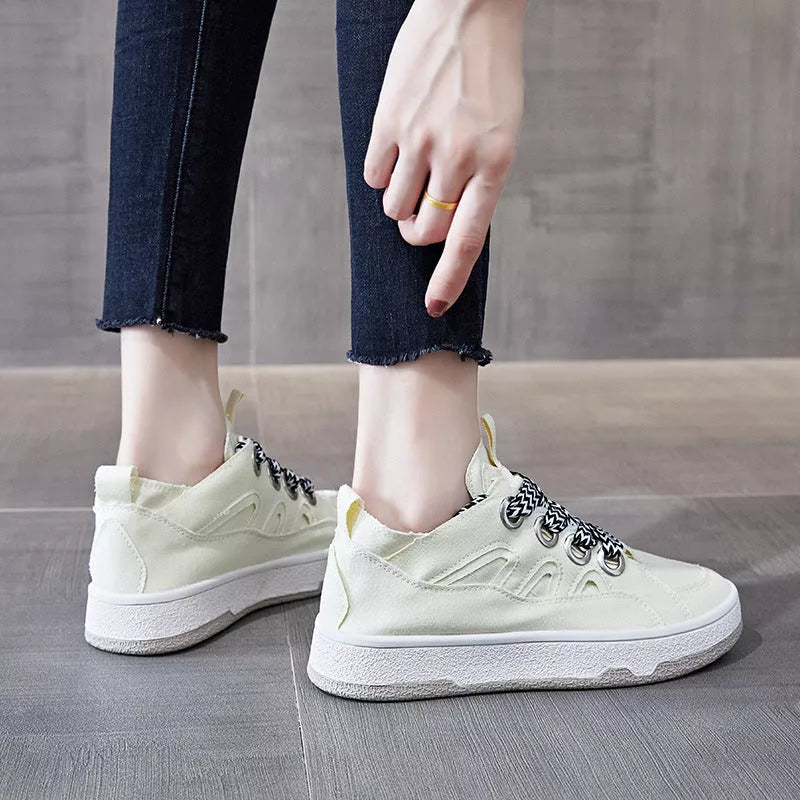 Women's canvas platform shoes in green, beige, and pink with breathable design and rubber sole