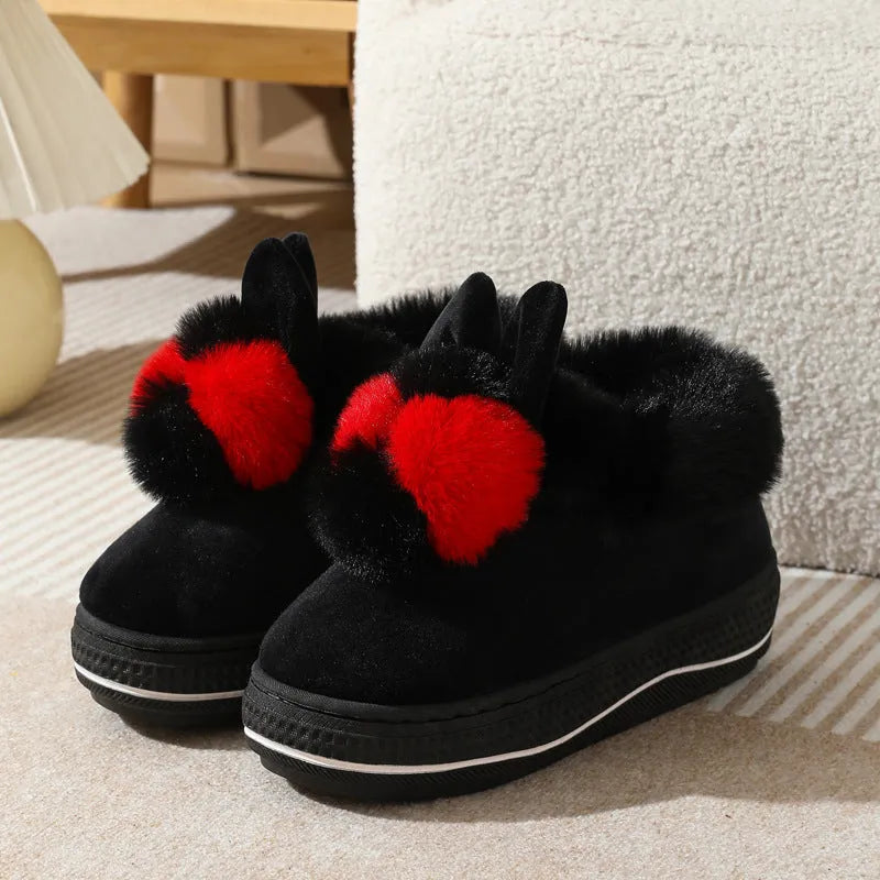 Winter high heel slippers with plush upper and textured non-slip TPR sole in grey.