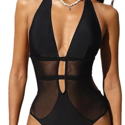 Black mesh women's one-piece swimsuit with V-neck hanging neck design