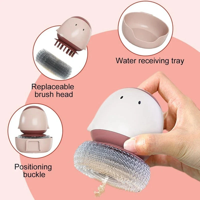 Automatic liquid filling dishwashing brush with ergonomic handle in cute chicken design