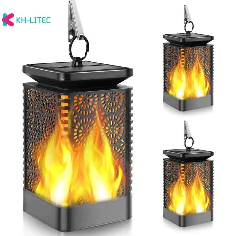 Black solar hanging flame torch light with flickering LED for garden decoration