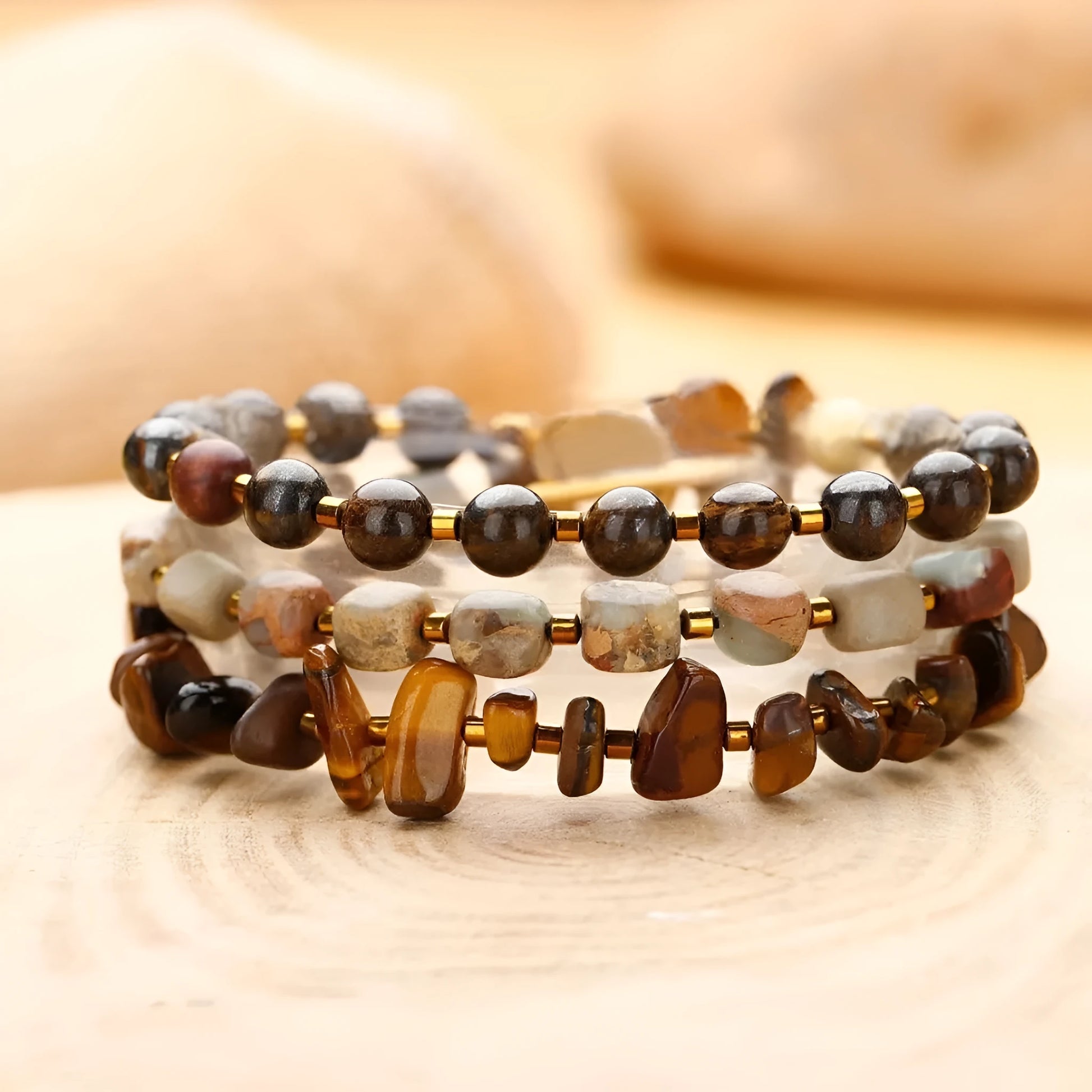 Brown geometric tigereye and bronze bracelet with textured bends and hitches detailing