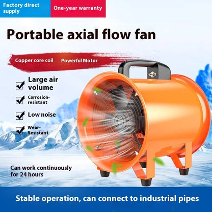 Portable 8-inch industrial axial flow fan with titanium steel blades and a connected 5-metre duct.