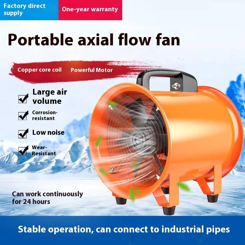 Low noise axial flow fan portable axial fan with 8 inch diameter titanium steel blades high pressure airflow 5 metre duct industrial dust removal and ventilation