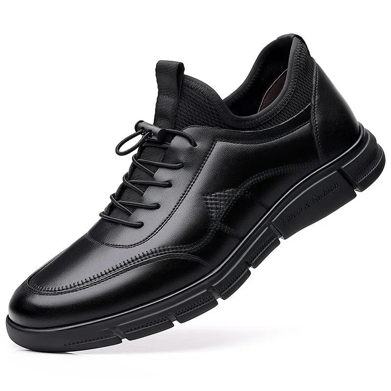 Men's black leather casual shoes with square heel and leather stitching details