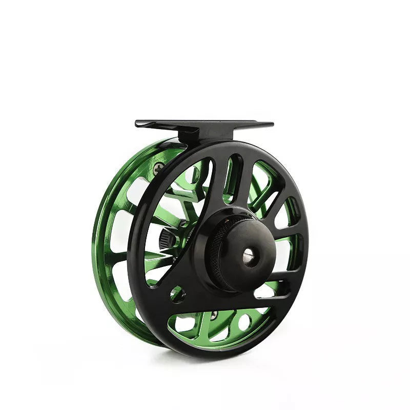 Fly fishing wheel with aluminum coil in blue, black, or green for precision casting