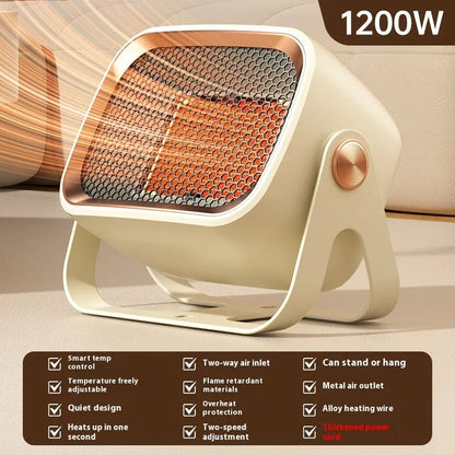 White desktop heater with PTC ceramic heating, two fan speeds, and rotatable body on a wooden desk