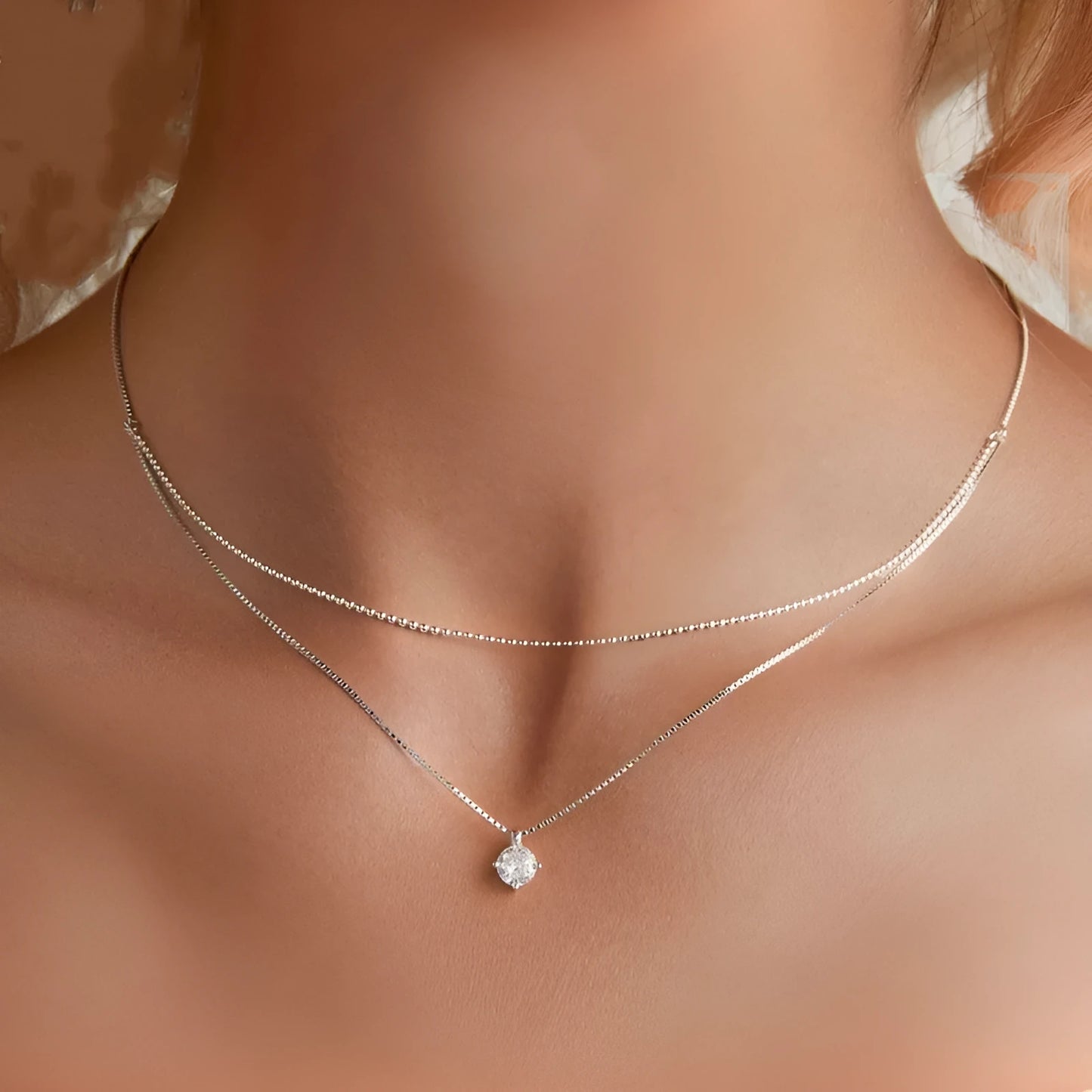 S925 sterling silver double-layer pendant necklace with a pearl chain in silver colour