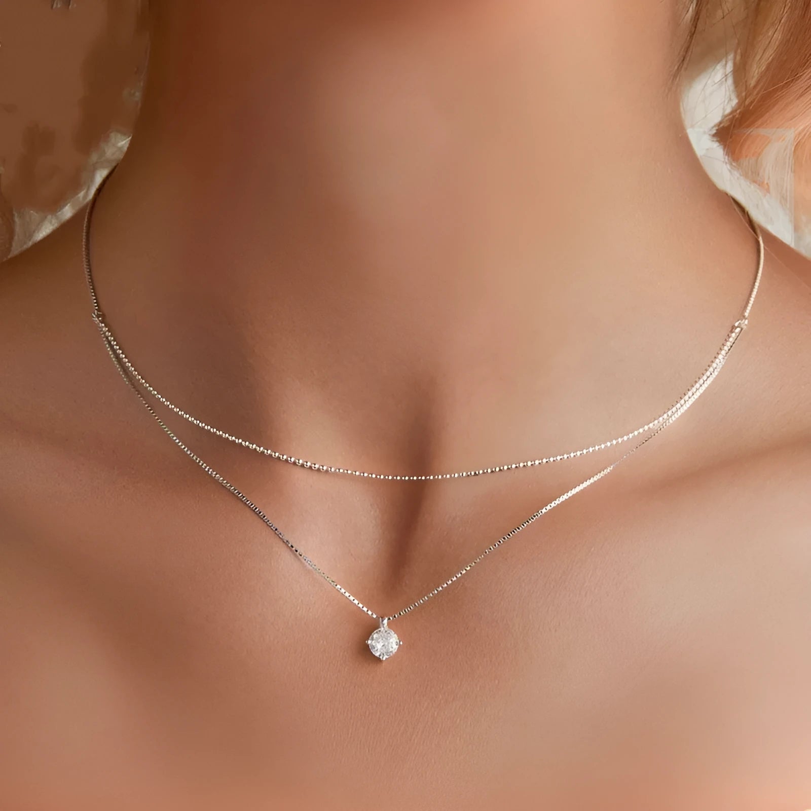 S925 sterling silver double-layer pendant necklace with a pearl chain in silver colour