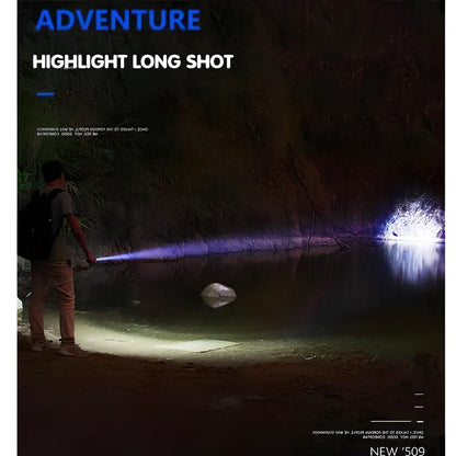 Black aluminium alloy USB rechargeable flashlight with 300m beam range measuring 8.5x2x2cm