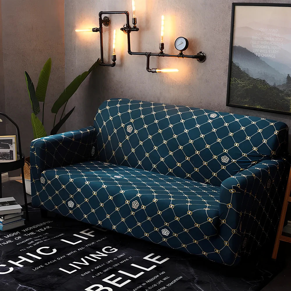Elastic sofa cover on three-seat sofa showing stretch fabric fitting sofa length 190-230cm