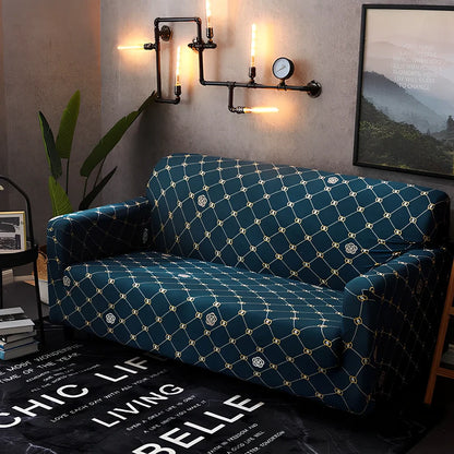 Elastic sofa cover on three-seat sofa showing stretch fabric fitting sofa length 190-230cm