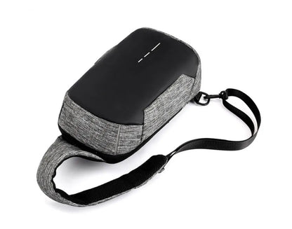 Dark blue Oxford waterproof chest bag with zipper opening, measuring 18cm wide by 31cm high
