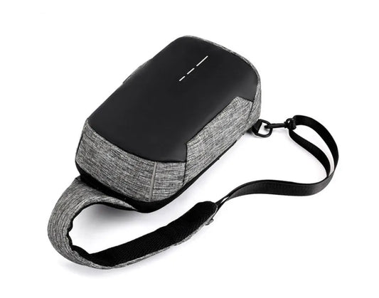 Dark blue Oxford waterproof chest bag with zipper opening, measuring 18cm wide by 31cm high