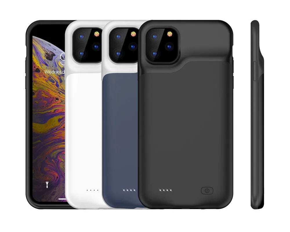Shockproof silicone iPhone battery charger case in black, blue, pink, or white with high-capacity battery