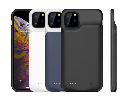Shockproof silicone iPhone battery charger case in black, blue, pink, or white with high-capacity battery
