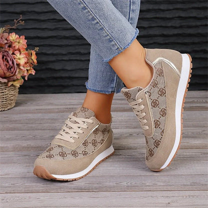 Women's flower print lace-up sneakers in grey and camel colors