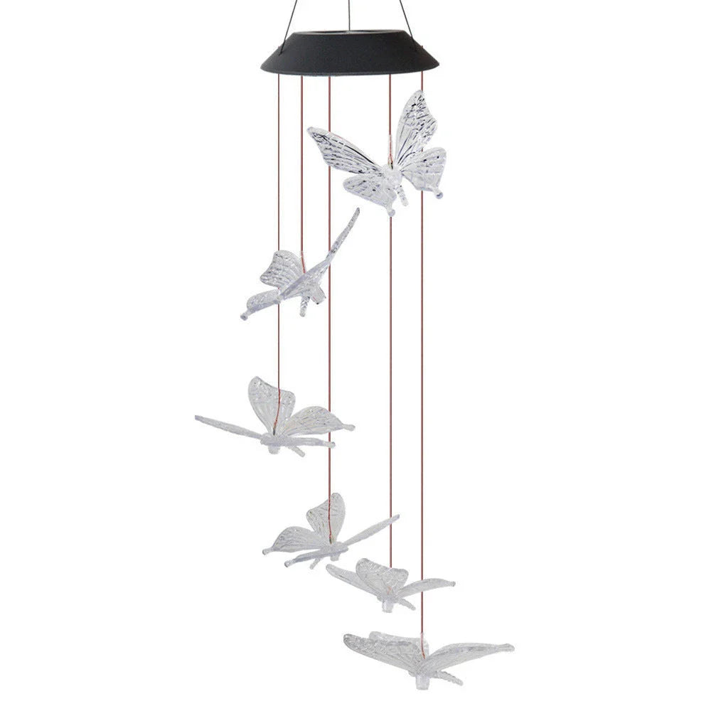 Vibrant solar-powered color changing wind chime with hummingbird and butterfly design for outdoor decor