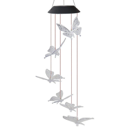 Vibrant solar-powered color changing wind chime with hummingbird and butterfly design for outdoor decor