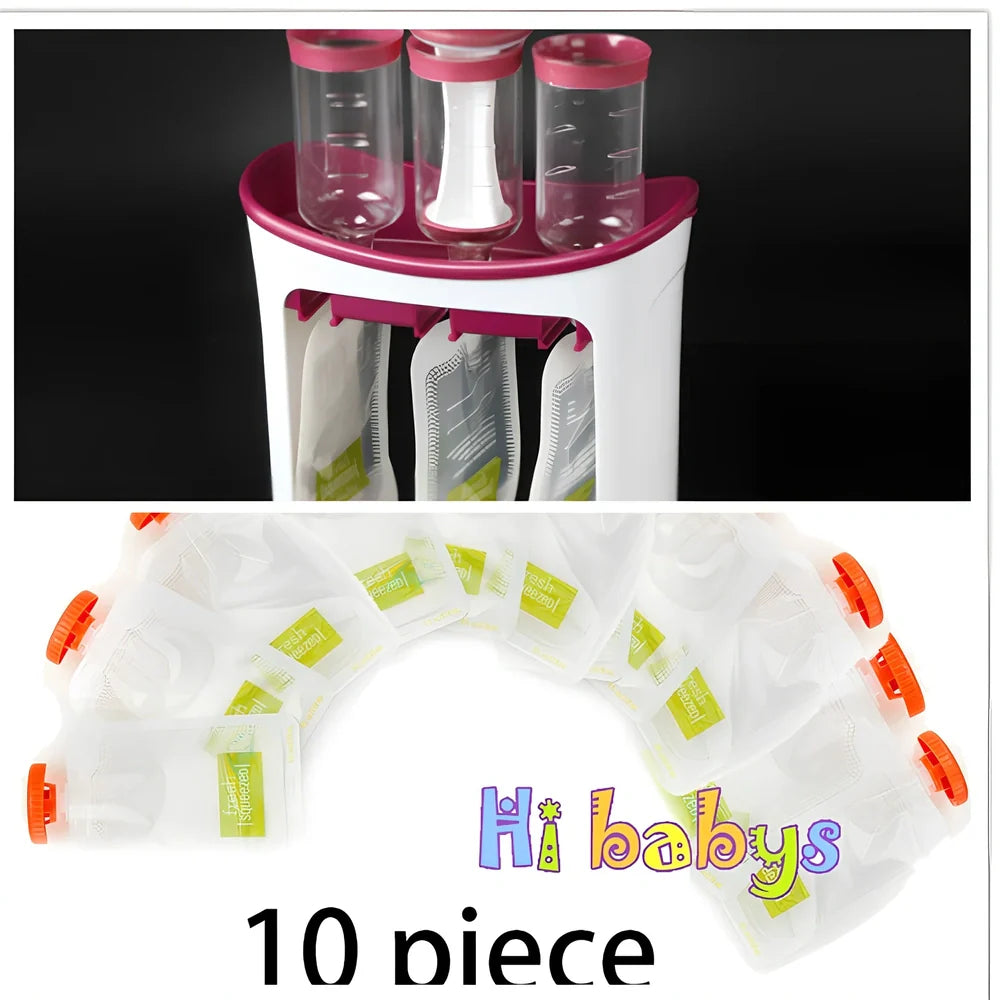 Baby food squeeze station pressing puree into 4-ounce pouch with ABS construction measuring 18x9x22cm