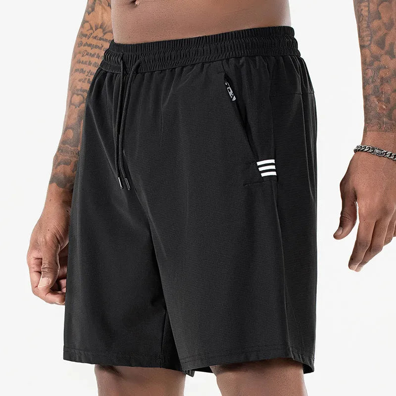 Men's black ice silk quick-drying sports shorts with drawstring waist on a mannequin.