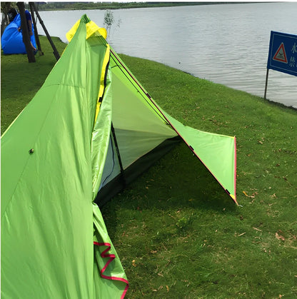 Poleless gold-shaped camping tent with double-layer construction and 270x160x130cm dimensions