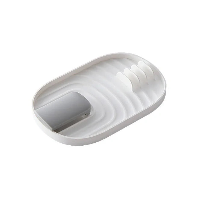 Nordic wall-mounted pot lid and cooking spoon holder with drain tray in green, pink, blue, and white