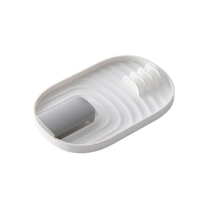 Nordic wall-mounted pot lid and cooking spoon holder with drain tray in green, pink, blue, and white