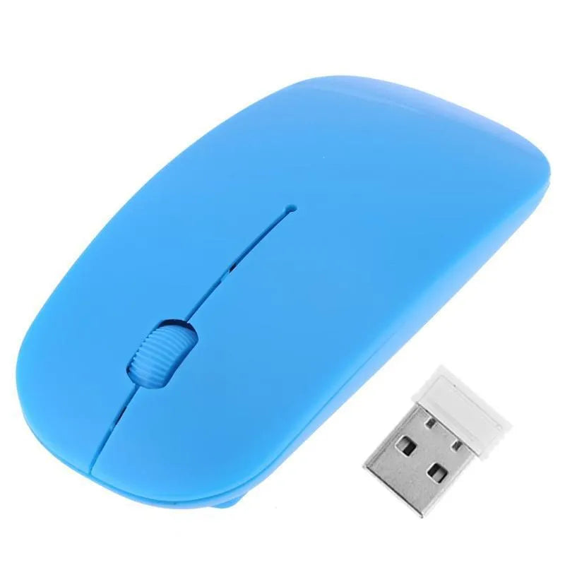 Thin wireless mouse in black, blue, green, pink, purple, red or white, with 10m range and adjustable dpi.