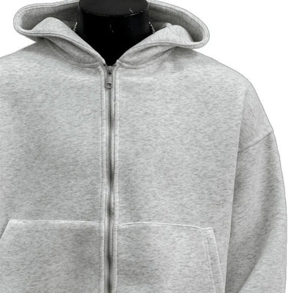 Light grey men's backpack design hooded coat jacket on a hanger.
