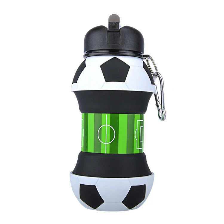 Collapsible soccer-shaped water bottle with straw, made of food-grade silicone for sports and travel hydration