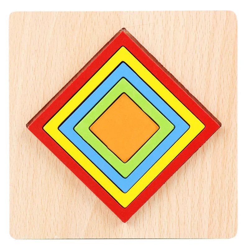 Wooden geometric puzzle with 10 shape graphics in red, yellow, blue, green, and orange colours