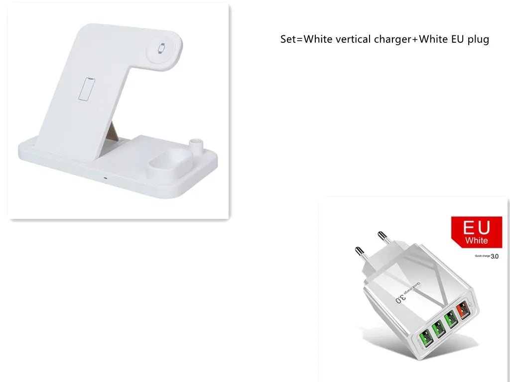 4-in-1 wireless charging station with adjustable magnetic stand charging phone, watch, AirPods, and Apple Pencil