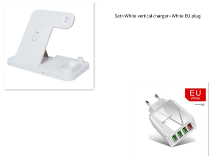 4-in-1 wireless charging station with adjustable magnetic stand charging phone, watch, AirPods, and Apple Pencil
