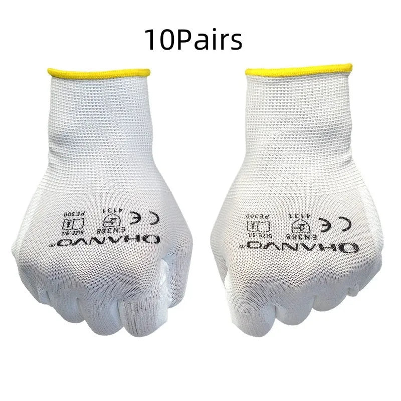 Pair of white PU coated work gloves showing palm coating and breathable back, laid flat.