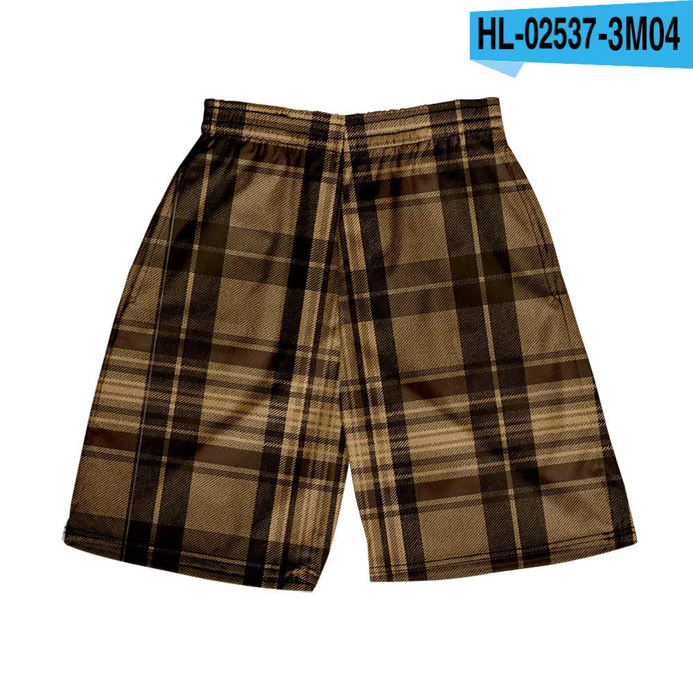 Men's plaid pattern casual shorts with an elastic waistband, shown in a straight leg design.