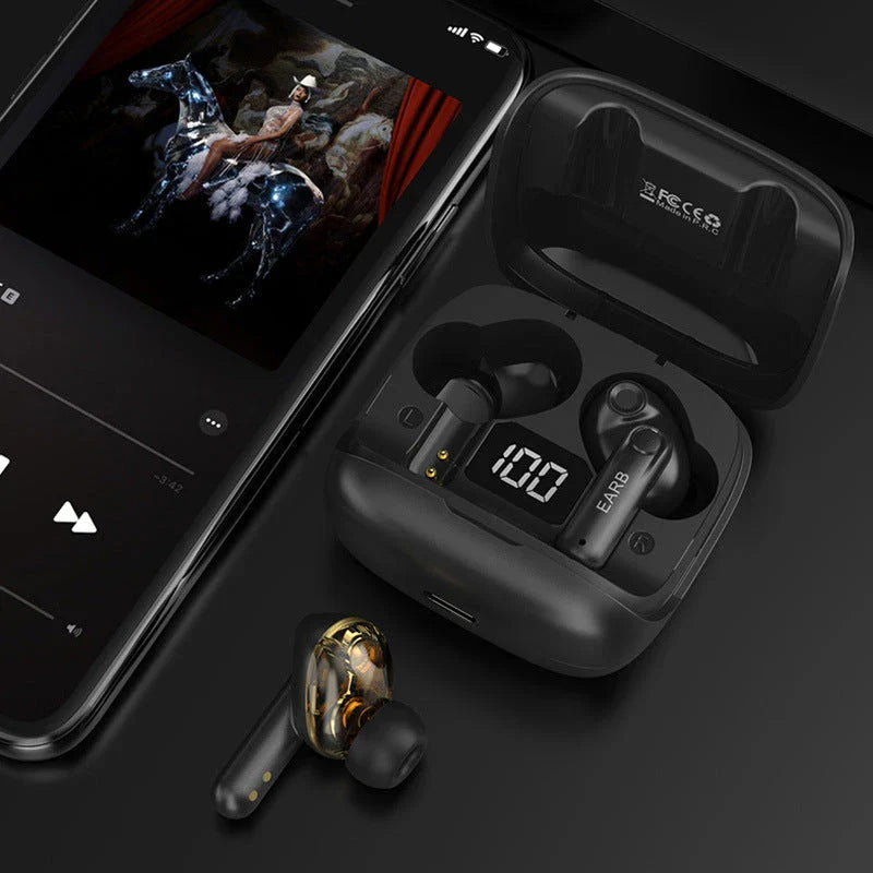 Pair of true wireless Bluetooth earbuds with noise cancellation and digital display