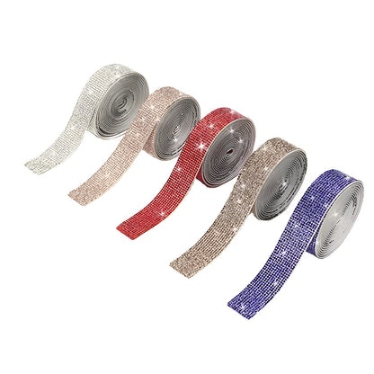 Long strip of electroplated glass water drill for fabric repair in white and iridescent AB colour, showing three width options.