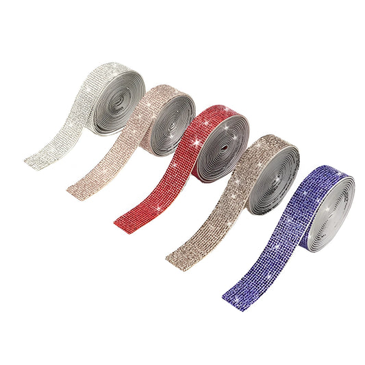 Long strip of electroplated glass water drill for fabric repair in white and iridescent AB colour, showing three width options.