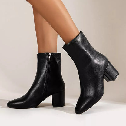 Women's chunky heel pointed toe boots with side zipper in four colors