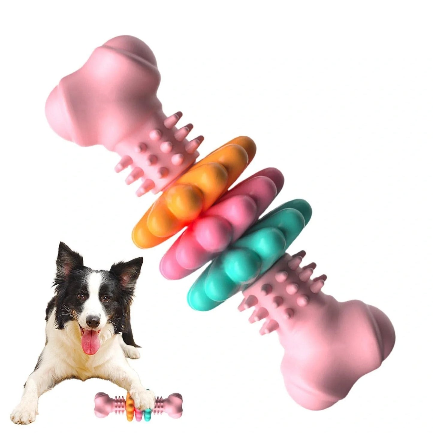 Durable TPR dog chew bone in blue, pink, or green for teeth cleaning and stress relief