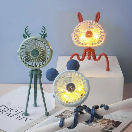 Cute animal-themed mini desk fan with 3 wind speeds, USB rechargeability, and LED lights for strollers, beds, and outdoor use